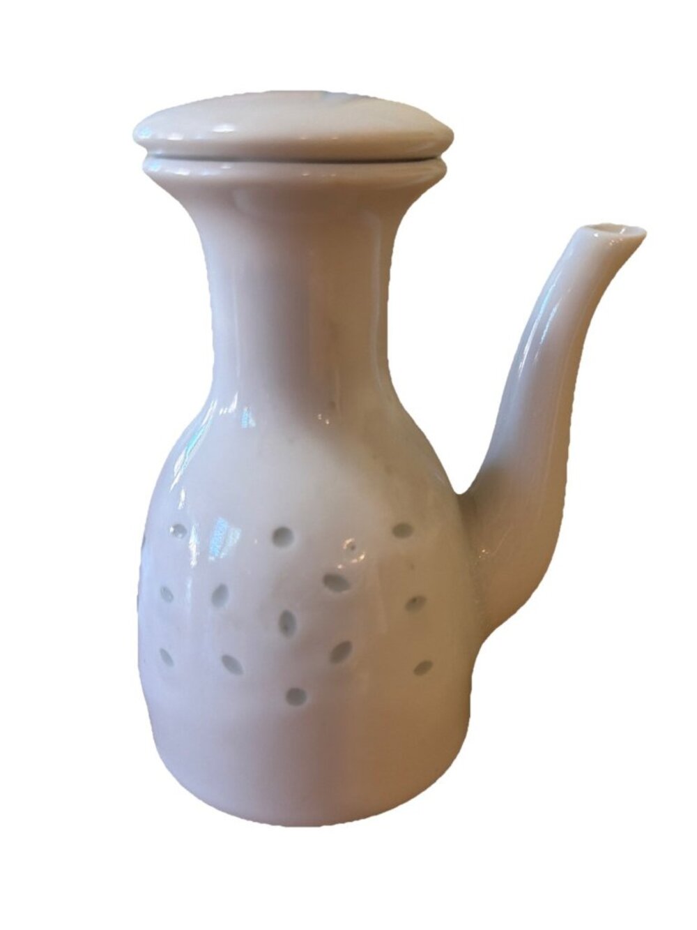 Sake/ soy sauce bottle with lid, white with leaf motif—Vintage